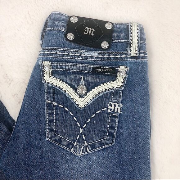 Miss Me Blue White Leather Pocket Boot Cut Jeans Sz 27 - Picture 3 of 6